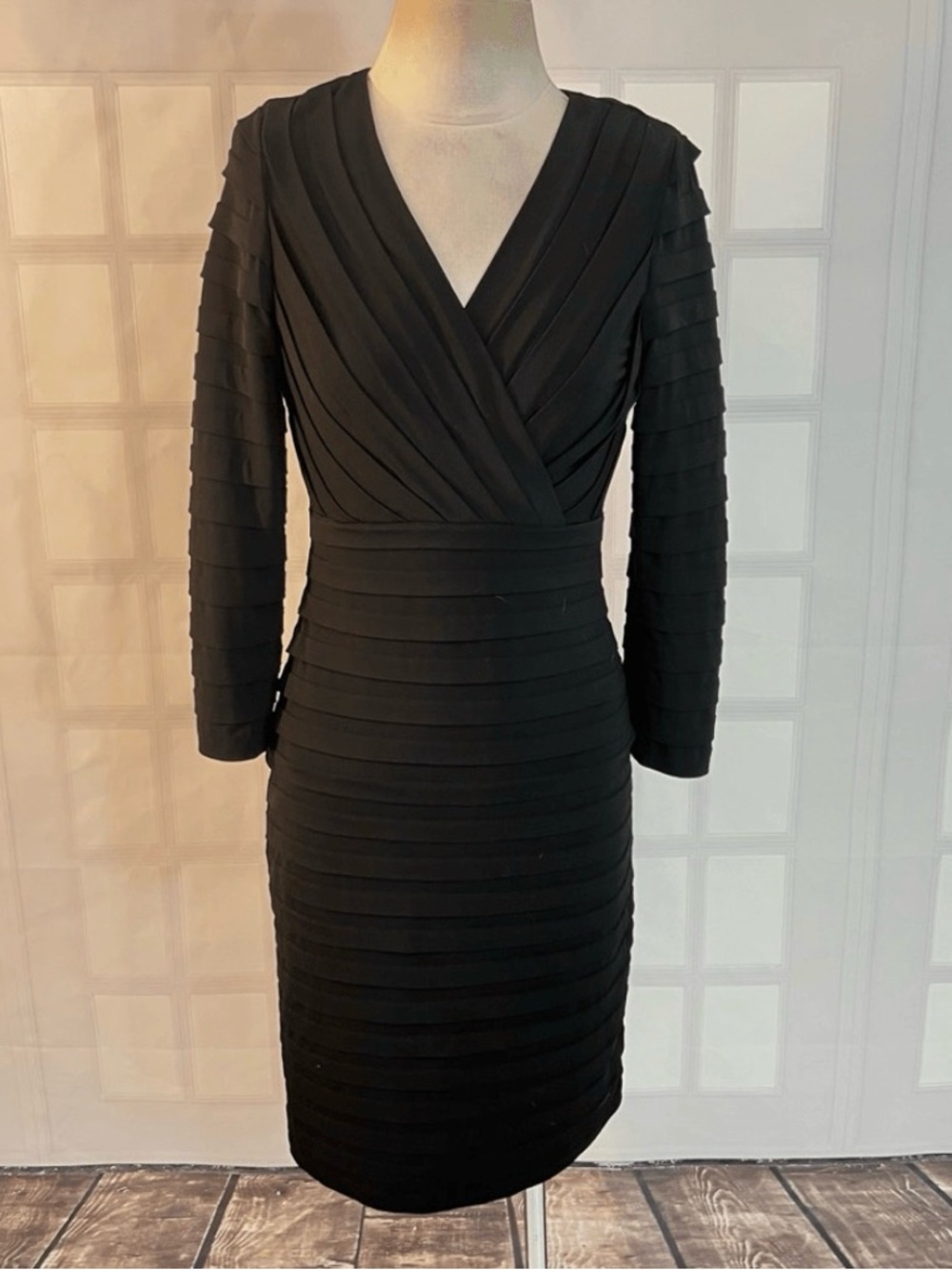 Tadashi Shoji Black Pleated Wrap-Style Midi Dress